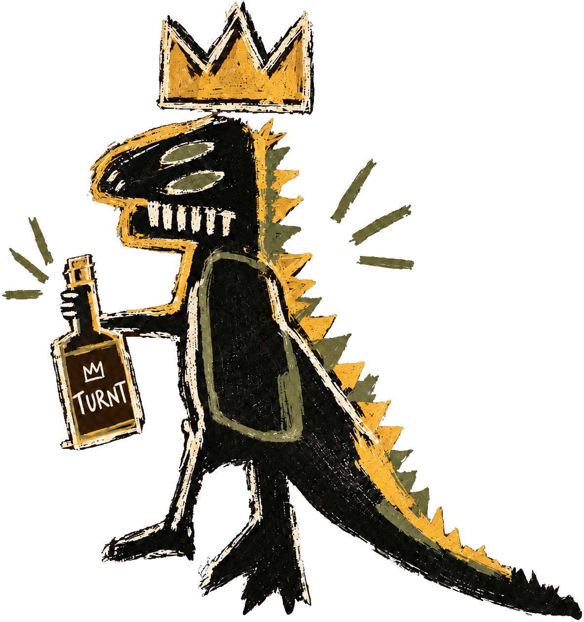 Hand-drawn crowned character holding a Turnt bottle
